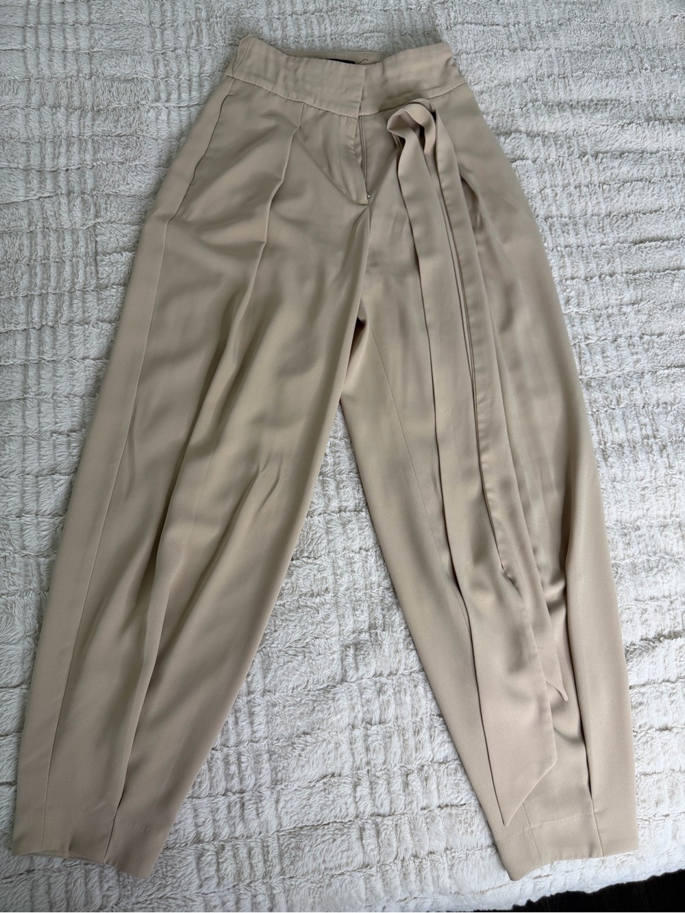 Express High Waist Tie-Front Trousers in Light Beige